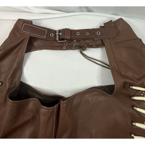 Vintage Sunrider Brown Fringe Beaded Chaps Size XXL Motorcycle Western Leather - Picture 5 of 14